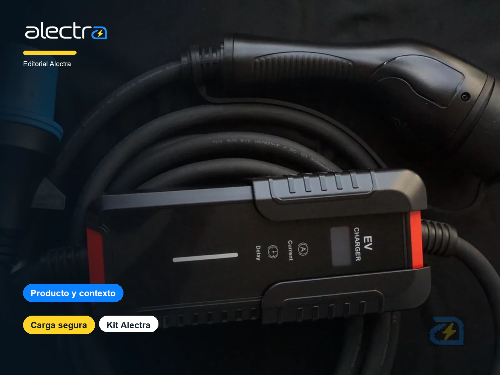 Ilustracion de kit de carga segura con cargador cable y revision