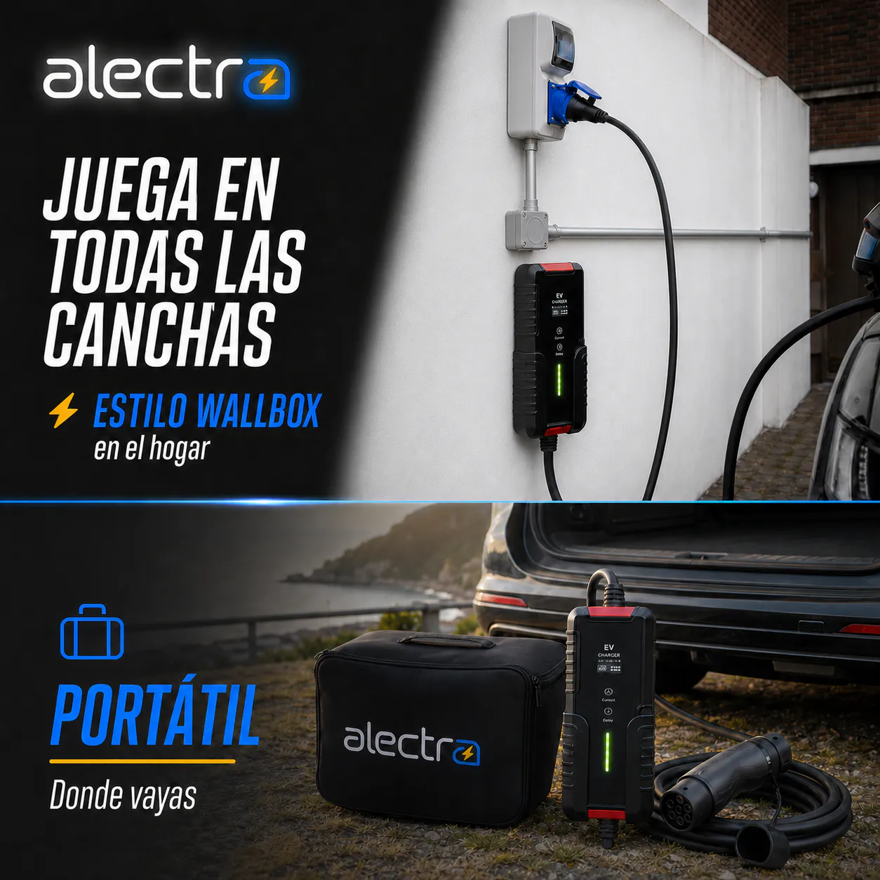 Cargador Alectra instalado en casa y bolso de transporte del kit portátil junto a un vehículo.
