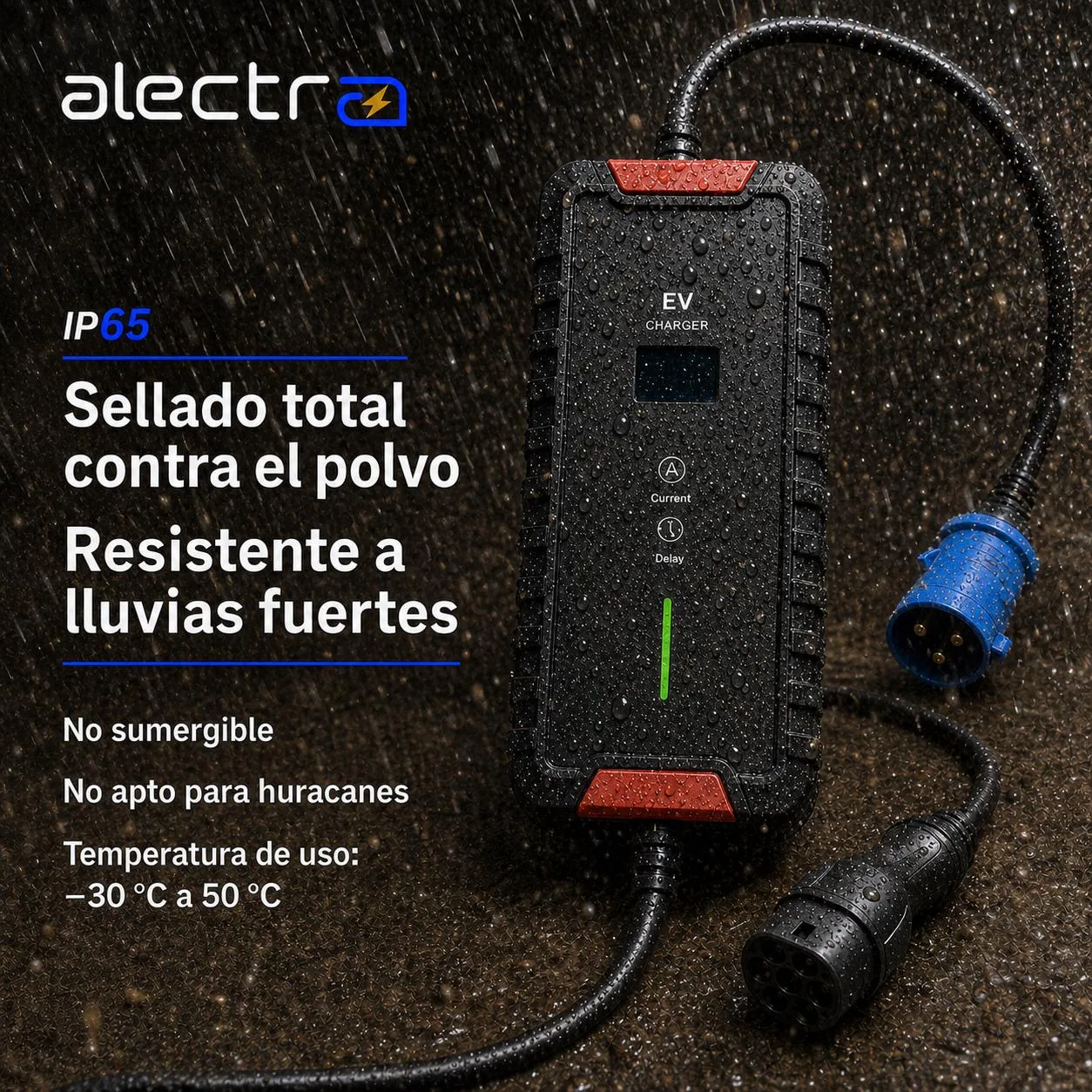 Cargador portátil Alectra bajo lluvia que comunica su grado de protección IP65.