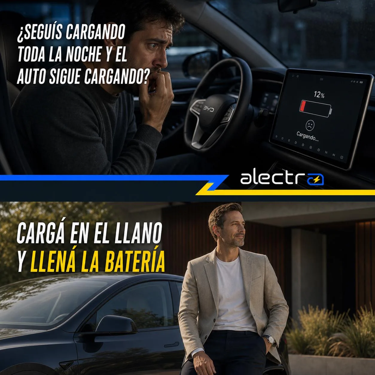 Escena conceptual sobre cargar el vehículo durante la noche y empezar el día con autonomía.