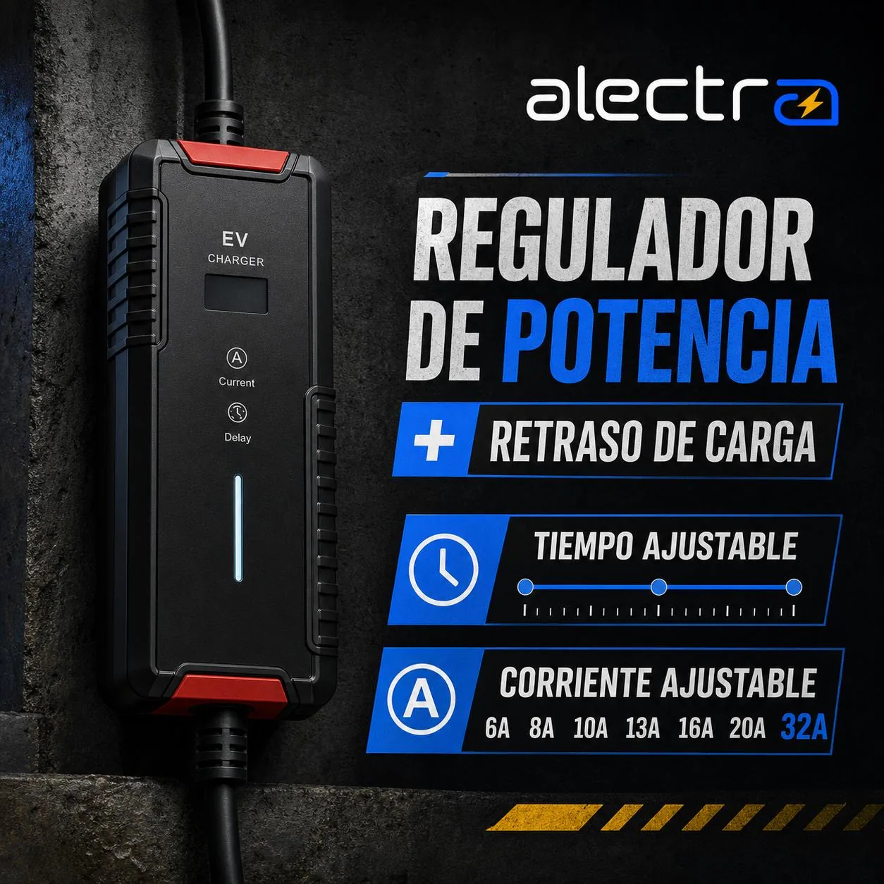 Regulador de potencia Alectra con corriente ajustable y retraso de carga.