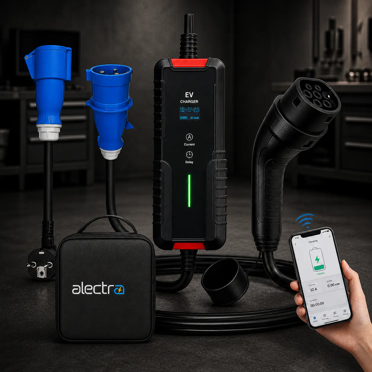 Cargador portátil Alectra con enchufe industrial azul, conector Tipo 2, bolso y aplicación de carga sobre fondo oscuro.