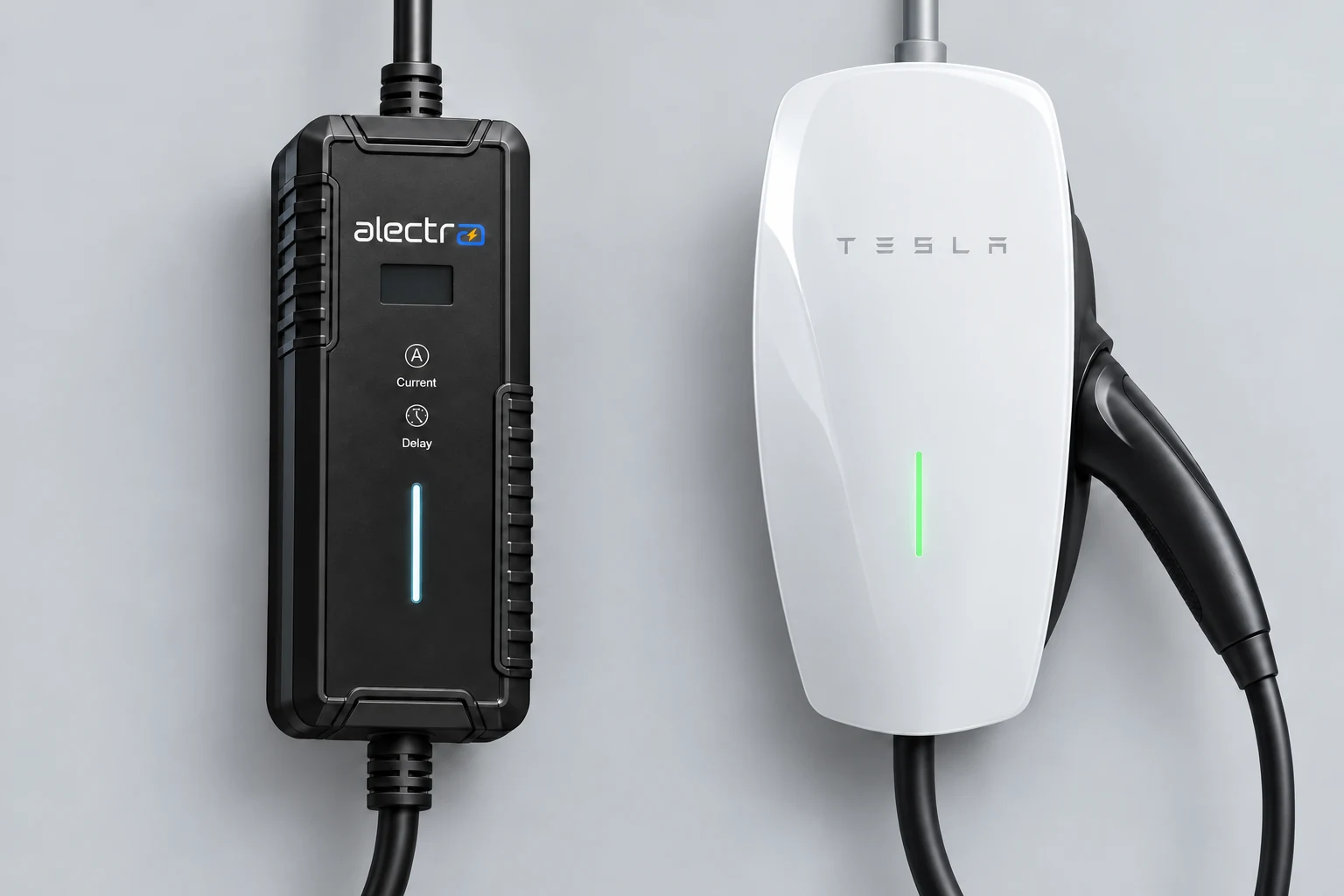 Cargador portátil Alectra negro junto a Tesla Wall Connector blanco con canalización de alimentación eléctrica fija.